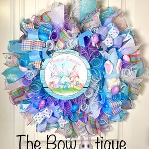 Handmade Easter Bunny Gnome Prelit Ribbon Wreath 22 in LED W9